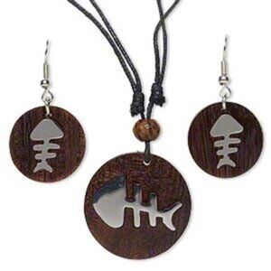 Rosewood & Stainless Steel Tribal Fish Adjustable Necklace Earrings Jewelry Set